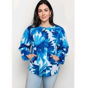 Coldwater Creek Womens Blue White Floral Stretch Zip Jacket Top Lined Size 10